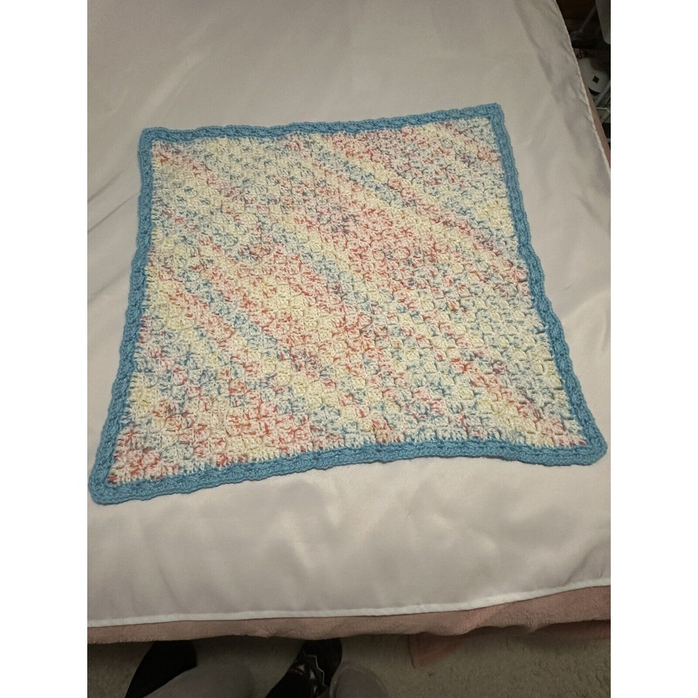 Handmade Crochet Baby Afghan 30"x30" Multicolor with Blue‎ Trim